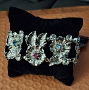 Floral Silver Bracelet with Pink and Blue Accents